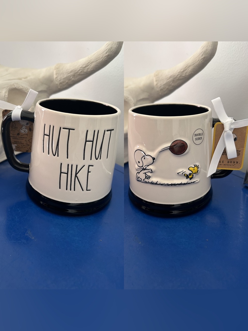 Rae Dunn Peanuts Snoopy Woodstock Football Hut Hut Hike Double Sided Large Mug